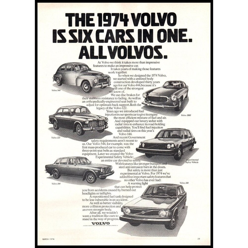 1974 Volvo 544 122 164 1800 144 Cars Vintage Print Ad 6 Cars in 1 Wall Art